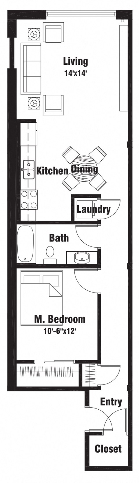 Floor plan for 1 bed, 1 bath, 703 sqft